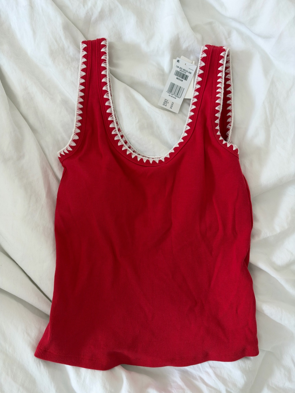 Abercrombie & Fitch Red Ribbed Tank with White Scallop Trim